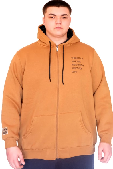 Mode XL Büyük Beden Erkek Kapüşonlu Sweatshirt Fermuarlı 3 İp BRONX U24560 Camel