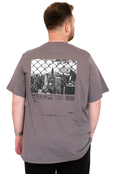 Mode XL Büyük Beden Erkek T-Shirt Bisiklet Yaka NYC New York U25019 Füme - Resim 4