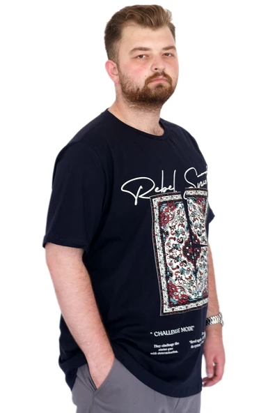 Mode XL Büyük Beden Erkek T-Shirt Bisiklet Yaka REBEL U25039 Lacivert - Resim 3