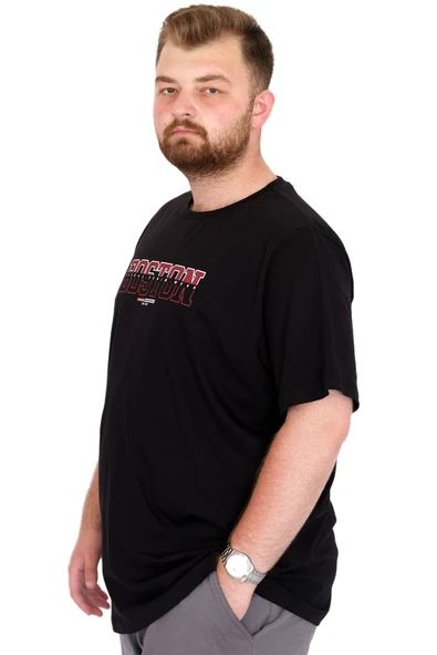 Mode XL Büyük Beden Erkek T-Shirt Bisiklet Yaka BOSTON U25037 Siyah ürün görseli