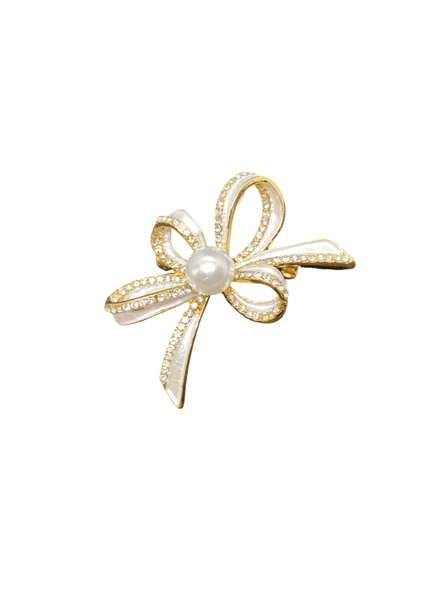 Altın Renk Model İnci Taşlı Fiyonk Model Şık Özel Günler Bijuteri Broş | Zarif ve Işıltılı Tasarım ürün görseli 1
