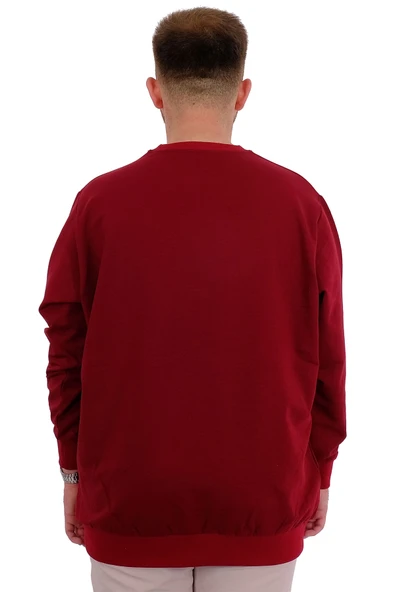 Mode XL Büyük Beden Erkek Bisiklet Yaka Basic Sweatshirt U24174 Bordo - Resim 4