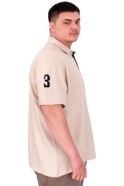 Mode XL Büyük Beden Erkek T-Shirt Polo Yaka Nakış Detaylı U25311 Bej - Resim 2