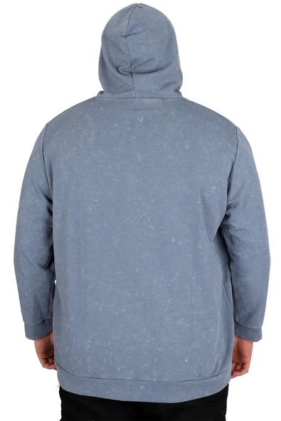 Mode XL Büyük Beden Erkek Kapüşonlu Sweatshirt Asit Yıkama Interlok U24167 Mavi - Resim 4