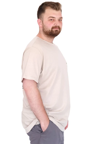 Mode XL Büyük Beden Erkek T-Shirt Bisiklet Yaka Compaes U25021 Bej - Resim 4