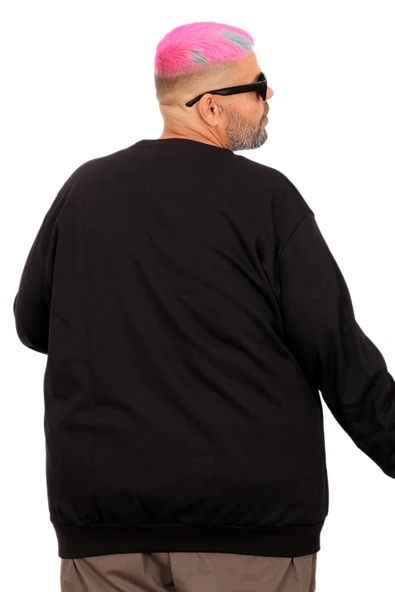 Mode XL Büyük Beden Erkek Bisiklet Yaka Sweatshirt Basic U22465 Siyah - Resim 6