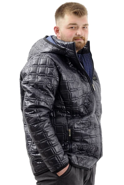 Mode XL Büyük Beden Erkek Kalın Şişme Mont Kapüşonlu U24605 Lacivert - Resim 3