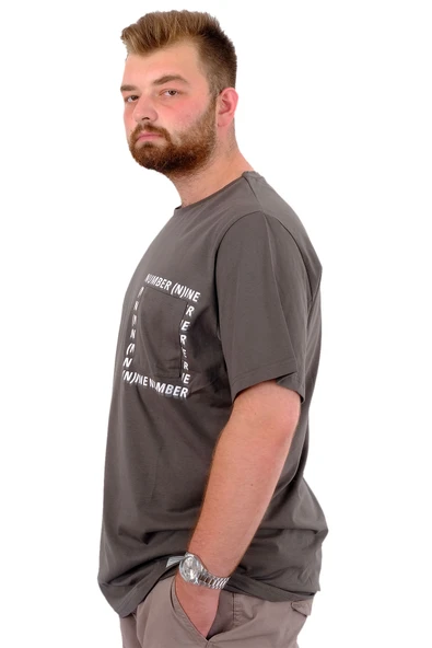 Mode XL Erkek Büyük Beden T-Shirt Pamuklu Baskılı Bisiklet Yaka Tişört NUMBER U24051 Haki - Resim 2