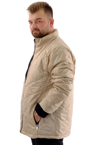 Mode XL Erkek Büyük Beden Dik Yaka Ribanalı Kol Fermuarlı Mont U24611 Bej - 2