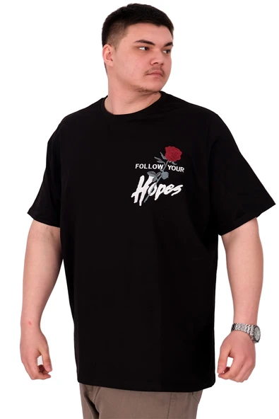Mode XL Büyük Beden Erkek T-Shirt Bisiklet Yaka ROSE U25032 Siyah ürün görseli