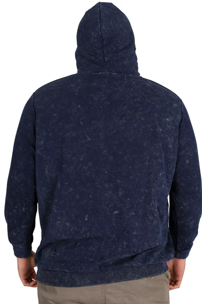 Mode XL Büyük Beden Erkek Kapüşonlu Sweatshirt Asit Yıkama Interlok U24167 Lacivert - Resim 4