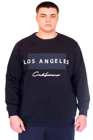 Mode XL Büyük Beden Erkek Sweatshirt Bisiklet Yaka LOS ANGELES U24561 Lacivert ürün görseli