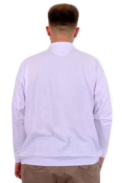 Mode XL Büyük Beden Erkek Polo Yaka Sweatshirt Nakışlı U24340 Beyaz - Resim 4