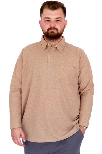 Mode XL Büyük Beden Erkek SweatshirtPolo Yaka Uzun Kol WAFFLE 23449 Bej