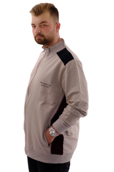 Mode XL Büyük Beden Erkek Eşofman Üstü Dik Yaka Fermuarlı BROOKLYN U24522 Gri