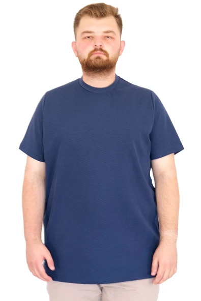 Mode XL Büyük Beden Erkek T-Shirt Bisiklet Yaka Dore U25034 İndigo ürün görseli 1