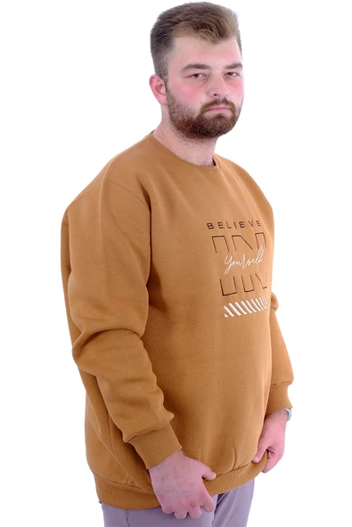 Mode XL Büyük Beden Erkek Sweatshirt 3 İplik Şardonlu Baskılı BELIEVE U24527 Camel - Resim 3