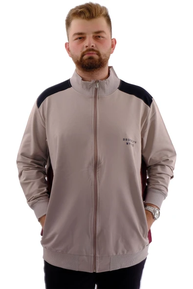 Mode XL Büyük Beden Erkek Eşofman Üstü Dik Yaka Fermuarlı BROOKLYN U24522 Gri - 3