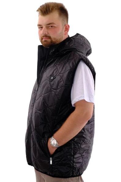 Mode XL Büyük Beden Erkek Fermuarlı Kapüşonlu Şişme Yelek U24705 Siyah - 2