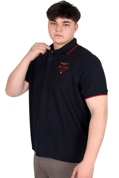 Mode XL Büyük Beden Erkek Polo Yaka Tişört Waffle Mr.Polo U24298 Lacivert - Resim 2