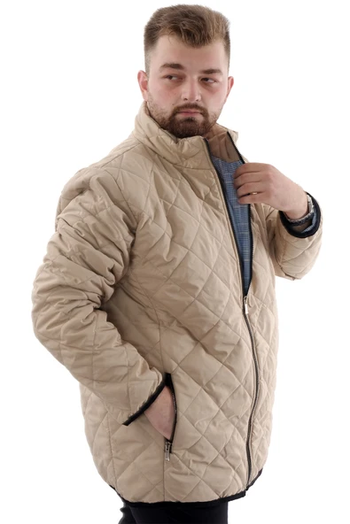 Mode XL Büyük Beden Erkek Dik Yaka Kapitone Mont U24601 Sütlü Kahve - 3