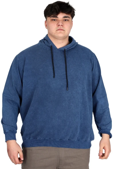 Mode XL Büyük Beden Erkek Kapüşonlu Sweatshirt Asit Yıkama Interlok U24167 İndigo ürün görseli 1