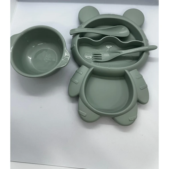 4 Parça Mama Tabağı Seti 3 Bölmeli Ayıcık Şekilli Eğlenceli Mama Tabağı ve Çatal Kaşık Kase Seti - 3