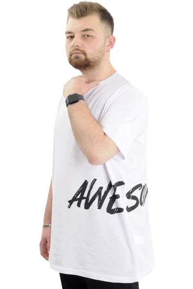 Mode XL Büyük Beden Erkek Bisiklet Yaka T-Shirt Baskılı AWESOME U24038 Beyaz - Resim 2