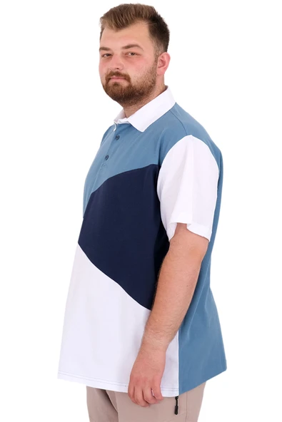 Mode XL Büyük Beden Erkek T-Shirt Polo Yaka Parçalı 25313 Mavi - Resim 2
