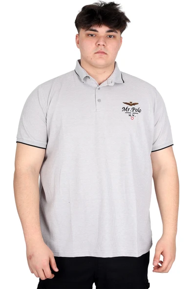 Mode XL Büyük Beden Erkek Polo Yaka Tişört Waffle Mr.Polo U24298 Gri ürün görseli 1
