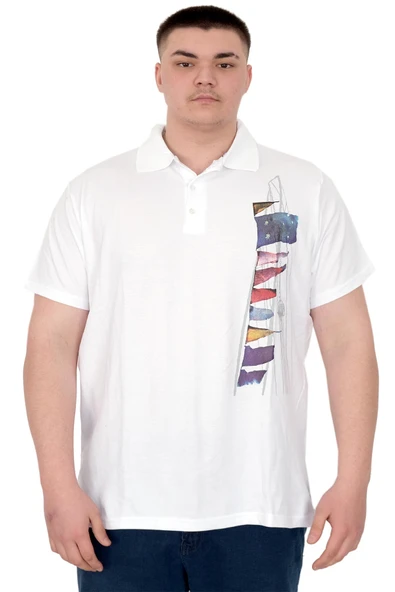 Mode XL Büyük Beden Erkek T-Shirt Polo Flag U25304 Beyaz ürün görseli 1