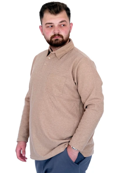 Mode XL Büyük Beden Erkek SweatshirtPolo Yaka Uzun Kol WAFFLE 23449 Bej - 2