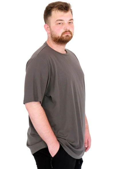 Mode XL Büyük Beden Erkek T-Shirt Bisiklet Yaka U25035 Haki - Resim 3