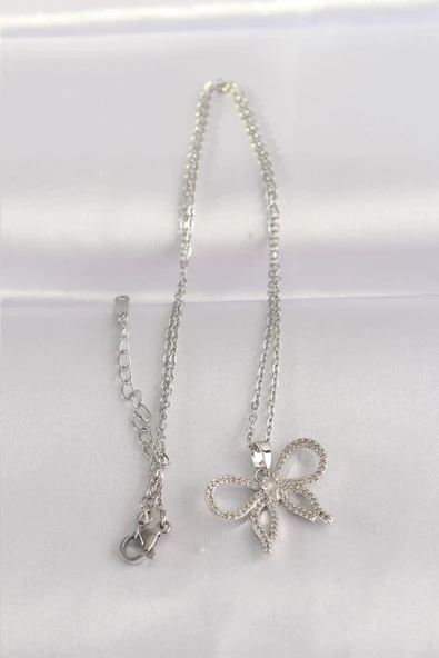 pilelistore 316L Çelik Zincir Gümüş Renk Zirkon Taşlı Fiyonk Kolye - TJ-BKO8671 - 2