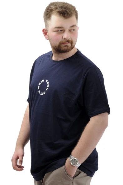 Mode XL Büyük Beden Erkek Baskılı Tişört Bisiklet Yaka Pamuklu NEW YORK U24081 Lacivert - Resim 2