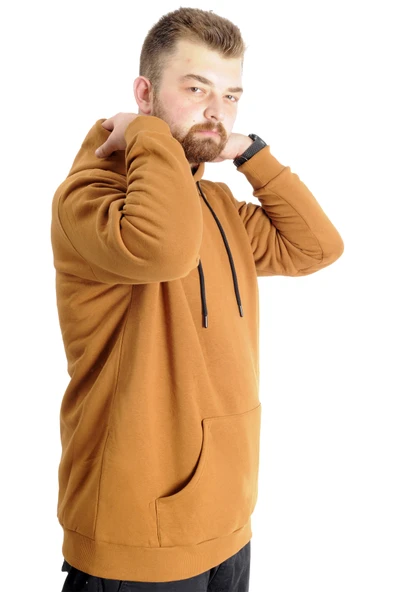 Mode XL Büyük Beden Sweat Kapşon Kangoroo Pocket Basic 20562 Camel - Resim 3