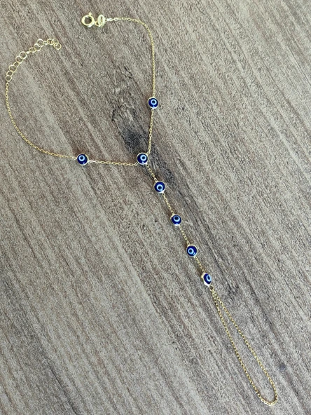 925 Ayar Gümüş Nazar Boncuklu Şahmeran Bileklik – El Yapımı, Ayarlanabilir Zincirli - Gold Renk - 5