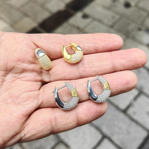 Beyaz Taşlı Zarif Gümüş Halka Küpe - 4