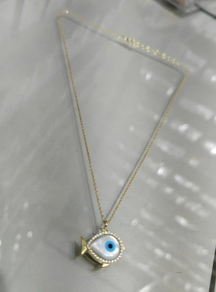 Opal Taşlı Balık Gümüş Kolye - Gold Renk - 4