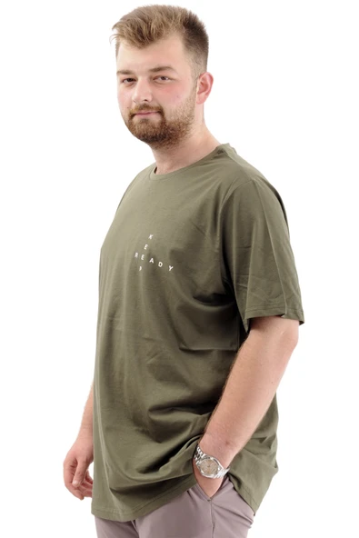 Mode XL Büyük Beden Erkek Tişört Baskılı Bisiklet Yaka Yumuşak Dokulu U24083 Haki - Resim 2