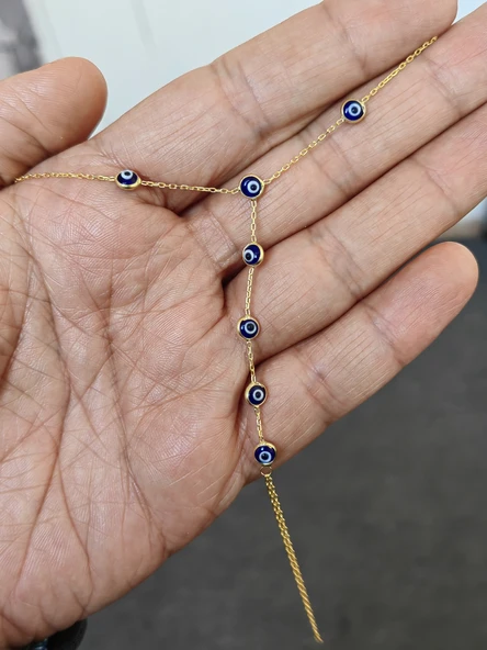 925 Ayar Gümüş Nazar Boncuklu Şahmeran Bileklik – El Yapımı, Ayarlanabilir Zincirli - Gold Renk - 3