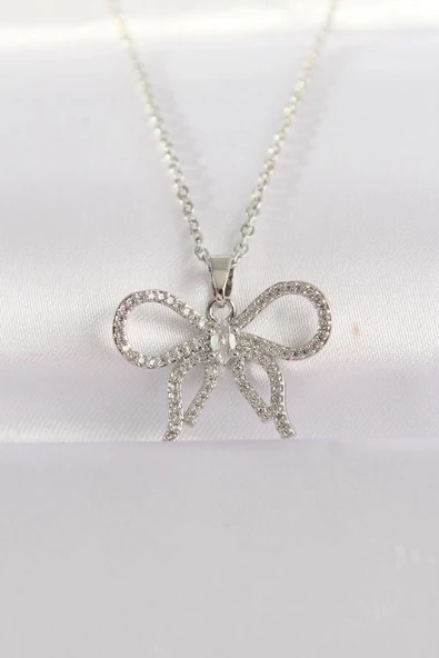 pilelistore 316L Çelik Zincir Gümüş Renk Zirkon Taşlı Fiyonk Kolye - TJ-BKO8671