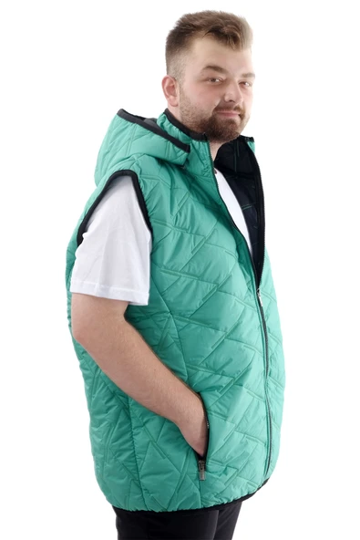Mode XL Büyük Beden Erkek Fermuarlı Kapüşonlu Şişme Yelek U24705 Yeşil - 2