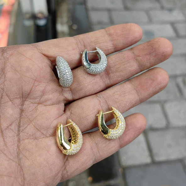 Beyaz Taşlı Zarif Gümüş Halka Küpe - 5