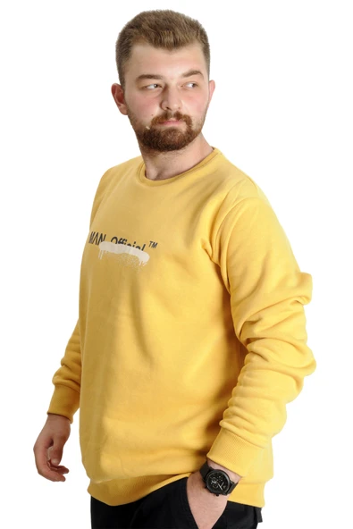 Mode XL Büyük Beden Erkek Sweatshirt Bisiklet Yaka Man Official 23528 Hardal - 2