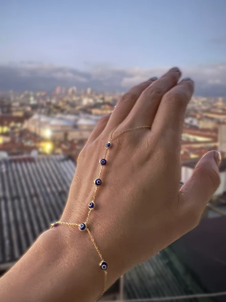 925 Ayar Gümüş Nazar Boncuklu Şahmeran Bileklik – El Yapımı, Ayarlanabilir Zincirli - Gold Renk