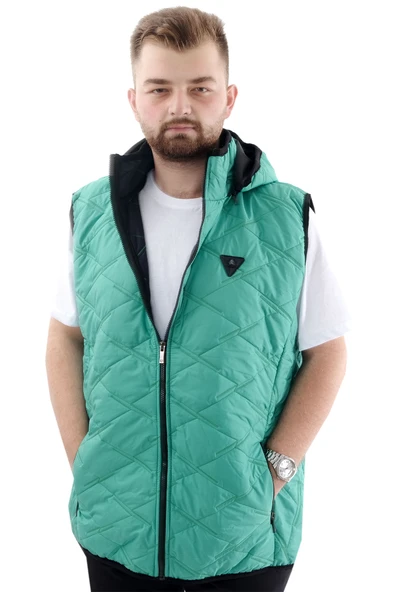 Mode XL Büyük Beden Erkek Fermuarlı Kapüşonlu Şişme Yelek U24705 Yeşil