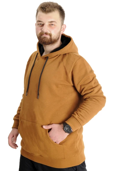 Mode XL Büyük Beden Sweat Kapşon Kangoroo Pocket Basic 20562 Camel - Resim 2