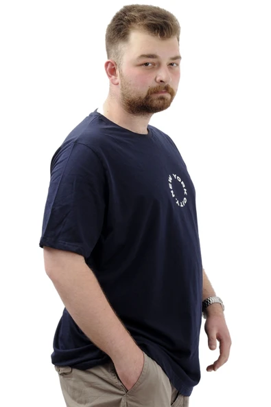 Mode XL Büyük Beden Erkek Baskılı Tişört Bisiklet Yaka Pamuklu NEW YORK U24081 Lacivert - Resim 3