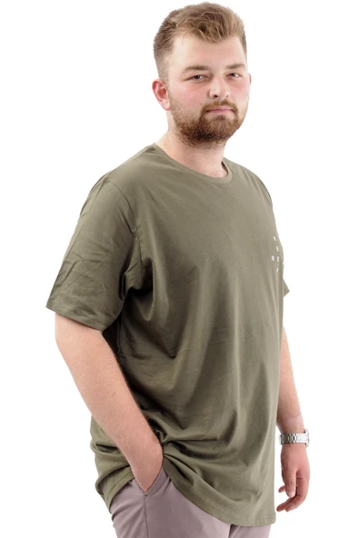 Mode XL Büyük Beden Erkek Tişört Baskılı Bisiklet Yaka Yumuşak Dokulu U24083 Haki - Resim 3